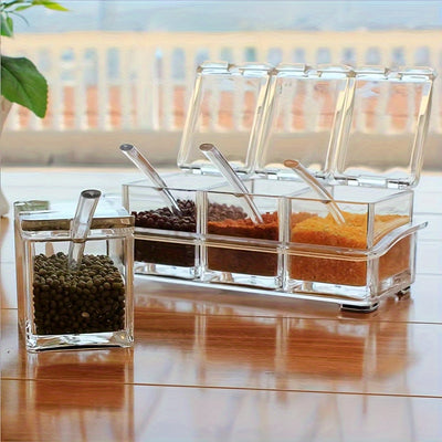 1 caja de condimentos transparente, juego de 4 contenedores de almacenamiento de condimentos con cuchara, estante de condimentos transparente, ollas de especias para pimienta, especias.