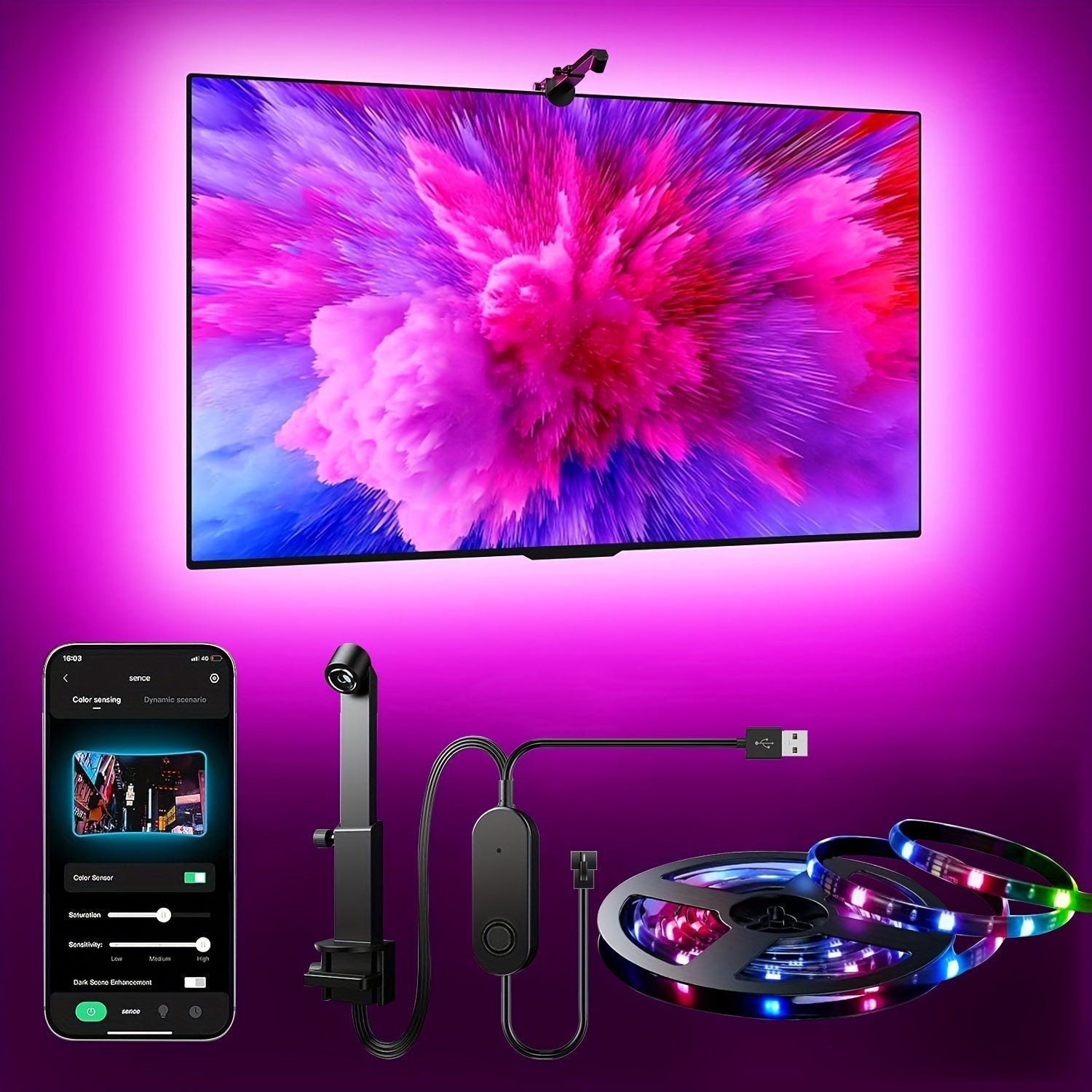 Retroiluminación LED RGBIC para TV, Tira de Retroiluminación LED RGBIC para TV de 55-85 pulgadas con Alimentación USB, Control por App, Sincronización de Sonido, Sensor de Color AR para Decoración de Sala de Juegos y Sala de Estar