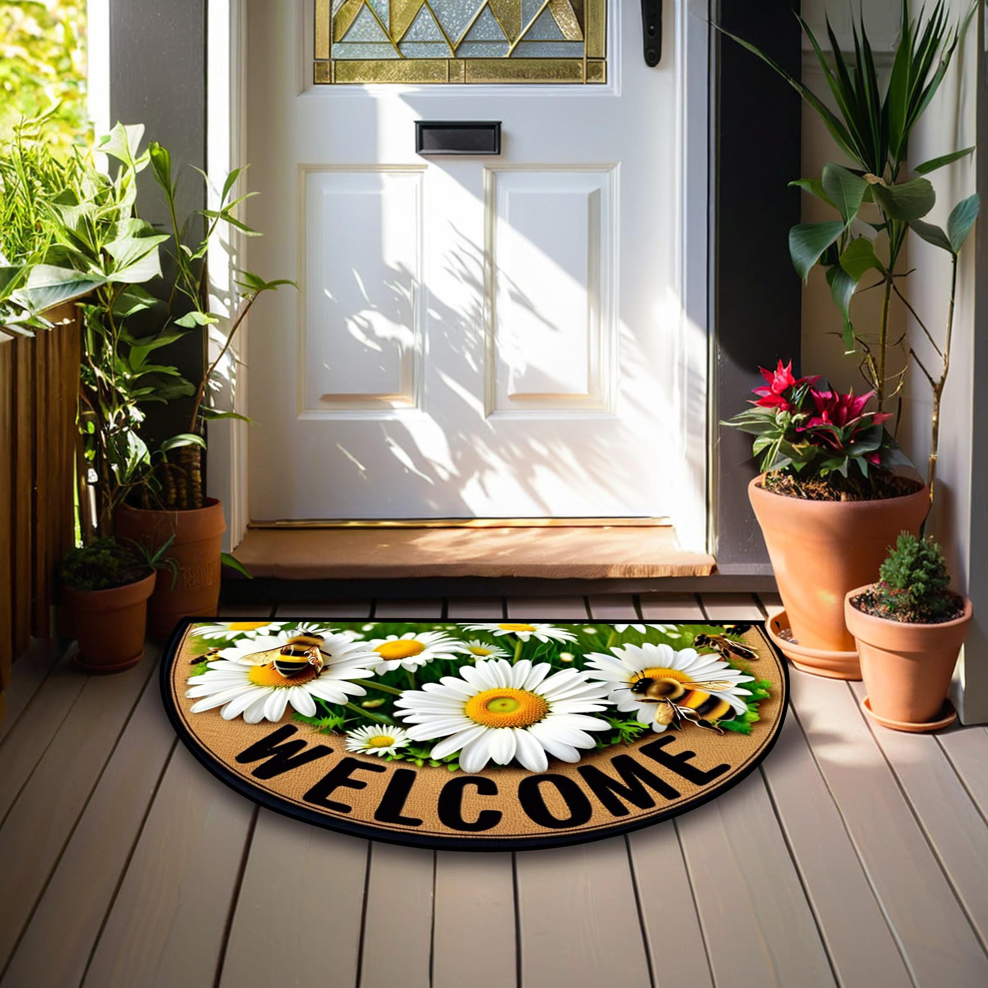 Tapete de bienvenida con diseño de abejas y margaritas - Antideslizante, resistente, semicircular para decoración de granja/patio/lavadero/cocina - Acento elegante para el hogar con diseño floral vibrante, múltiples tamaños disponibles, estilo granja | T