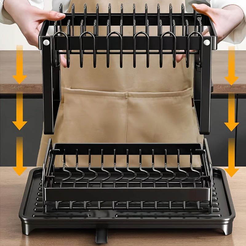 Estante de platos de metal de 2 niveles mejorado con soporte para cuchillos y almacenamiento de utensilios, sistema de drenaje elegante para tazones y platos para encimera de cocina - Sistema de drenaje rotativo