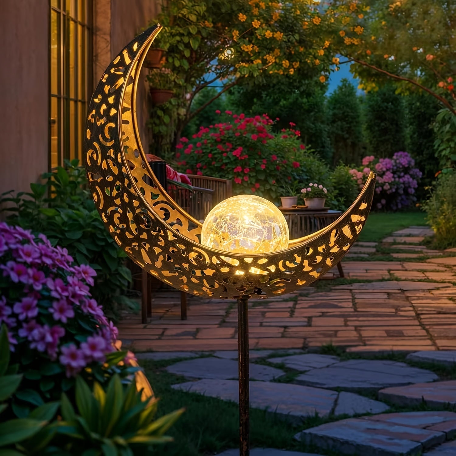 Luces Solares Decorativas para Exteriores de Luna, Adorno Metálico Impermeable y Antigolpes con Vidrio para Césped, Accesorios de Jardín, Lámpara de Iluminación Exterior Luces de Hierba IP65