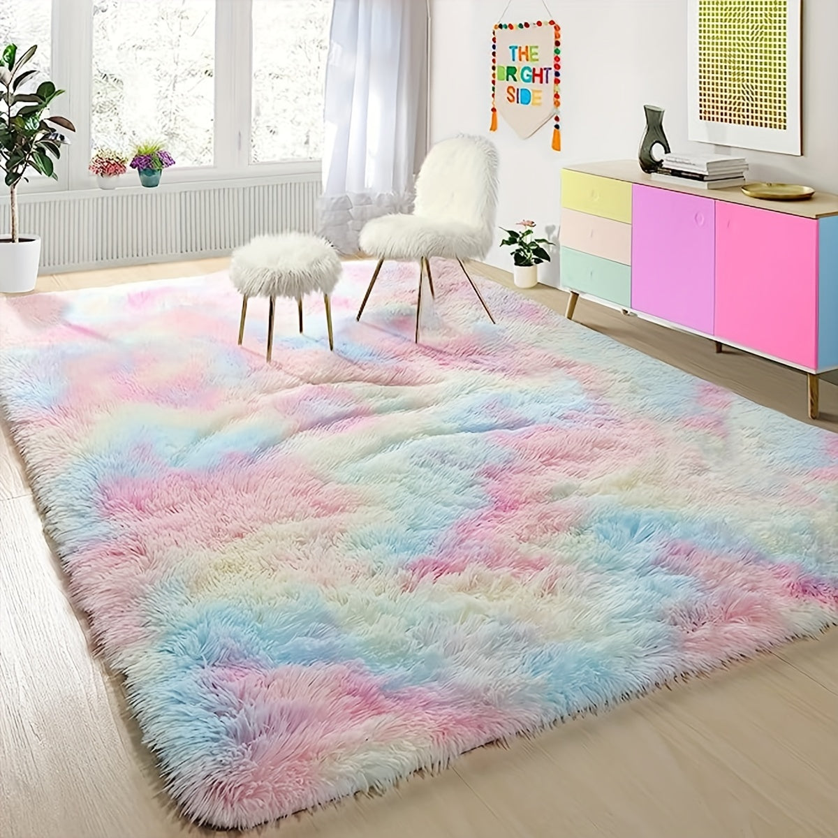 1pz Alfombra Peluda de Colores Pasteles Bajo el Cielo Arcoíris - Tamaño Extra Grande Antideslizante y Ligera 100% Poliéster para Sala de Estar, Dormitorio, Sala de Juegos y Más, Alfombra Versátil | Alfombra en Tonos Pasteles | Tapete Antideslizante, Alfo