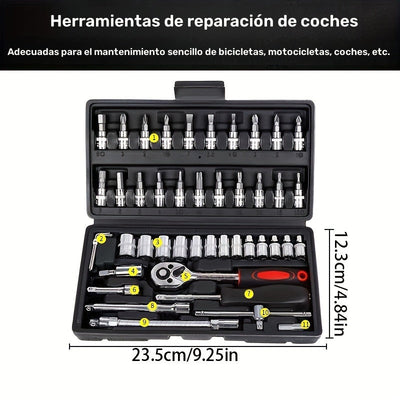 Juego de herramientas de 46 piezas de acero cromo vanadio, kit de llaves multifuncionales templadas, alto torque, portátil para mantenimiento de autos, bicicletas y motocicletas