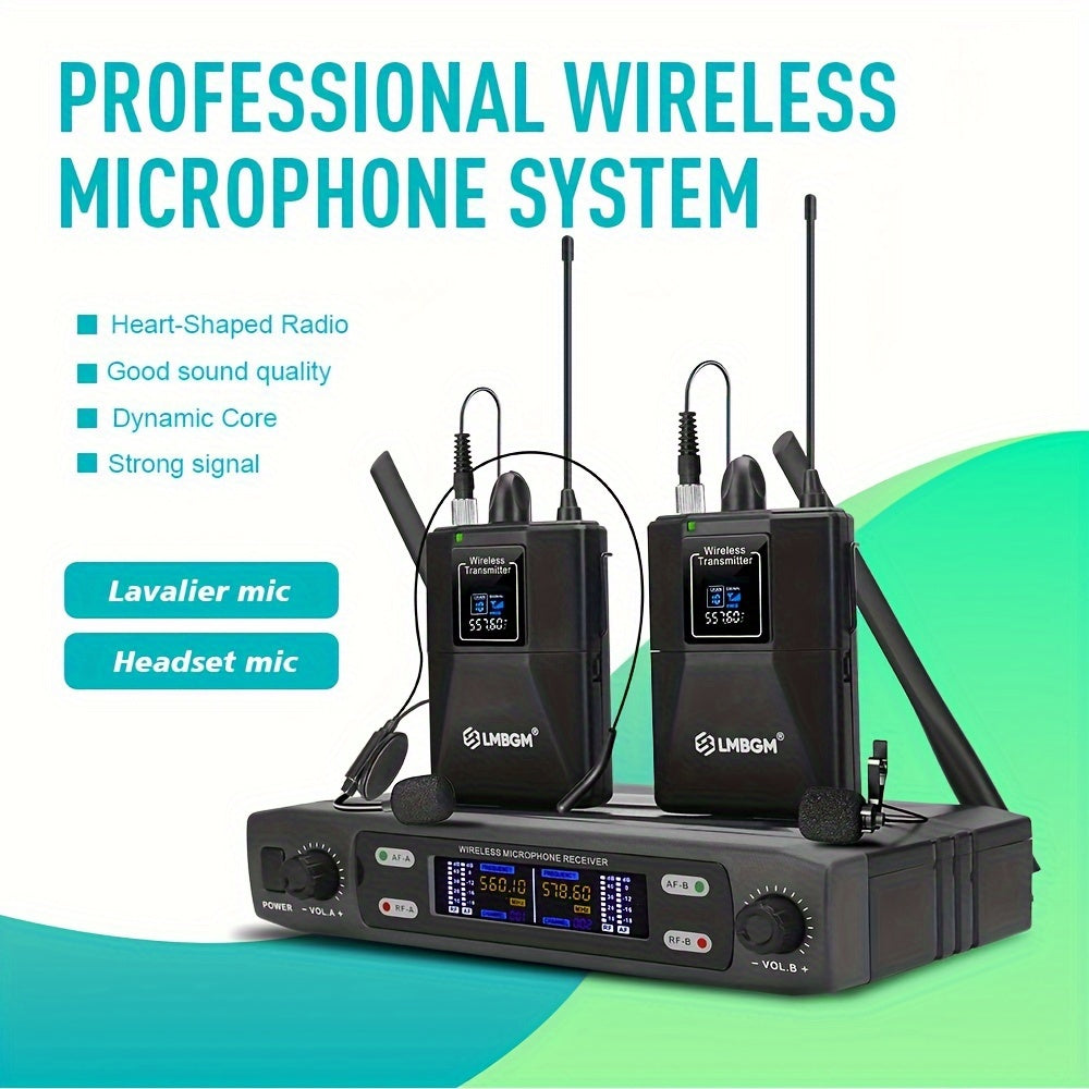 Sistema de micrófono inalámbrico profesional LMBGM con 1 micrófono de solapa y 1 micrófono de diadema para presentaciones en escenarios, conferencias, aulas, conferencias, coros, bodas, etc. - Conector XLR, sin batería, sin función de carga, alimentación