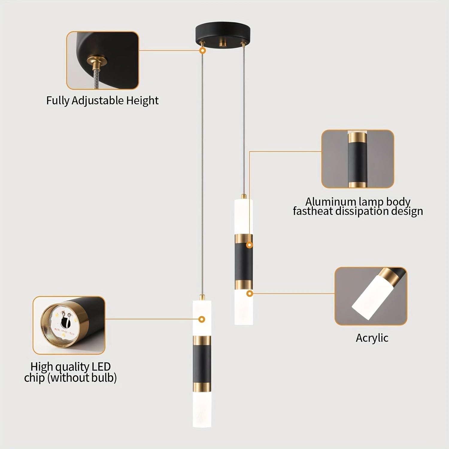 Luces Colgantes LED Elegantes de 2 y 3 Luces Regulables, Diseño Moderno en Negro y Dorado, Pantalla de Acrílico - Ideales para Isla de Cocina, Mesita de Noche de Dormitorio, Instalación Semi-Encastrada, Luces LED para Dormitorio