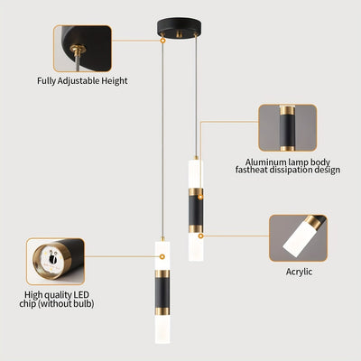 Luces Colgantes LED Elegantes de 2 y 3 Luces Regulables, Diseño Moderno en Negro y Dorado, Pantalla de Acrílico - Ideales para Isla de Cocina, Mesita de Noche de Dormitorio, Instalación Semi-Encastrada, Luces LED para Dormitorio
