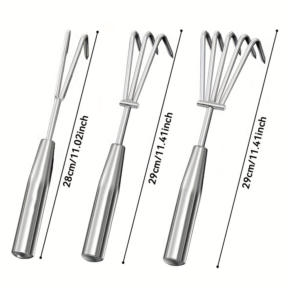 Juego de 3 piezas de pinzas de acero inoxidable reforzado con dientes semiesféricos y mango antideslizante. Incluye rastrillo de playa, herramienta de cuchara para jardinería y suelo duro. Kit de herramientas multiusos duraderas y resistentes a la herrum