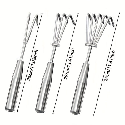 Juego de 3 piezas de pinzas de acero inoxidable reforzado con dientes semiesféricos y mango antideslizante. Incluye rastrillo de playa, herramienta de cuchara para jardinería y suelo duro. Kit de herramientas multiusos duraderas y resistentes a la herrum