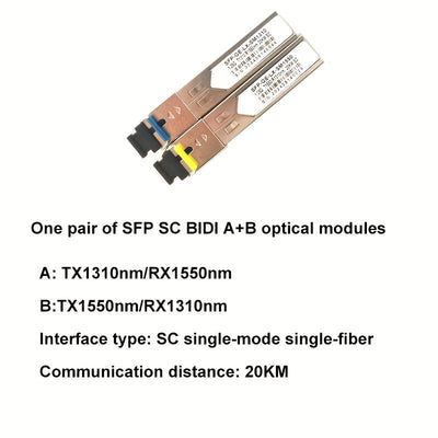 Par de Módulos SFP BIDI 1.25G - Conectores LC/SC Monomodo 20km/40km, Puertos A+B, 3.3V, Compatibles con Switches Cisco, Routers y Equipos de Red, Transmisión de Datos, Acabado Metálico, Diseño Compacto, Alta Velocidad y Fiabilidad