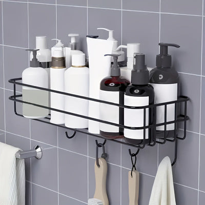 Estante de almacenamiento multifuncional para baño de pared, estante de almacenamiento para cocina, 1 estante de gel de ducha de hierro fundido con gancho, estante de almacenamiento de artículos esenciales para baño de pared sin perforaciones