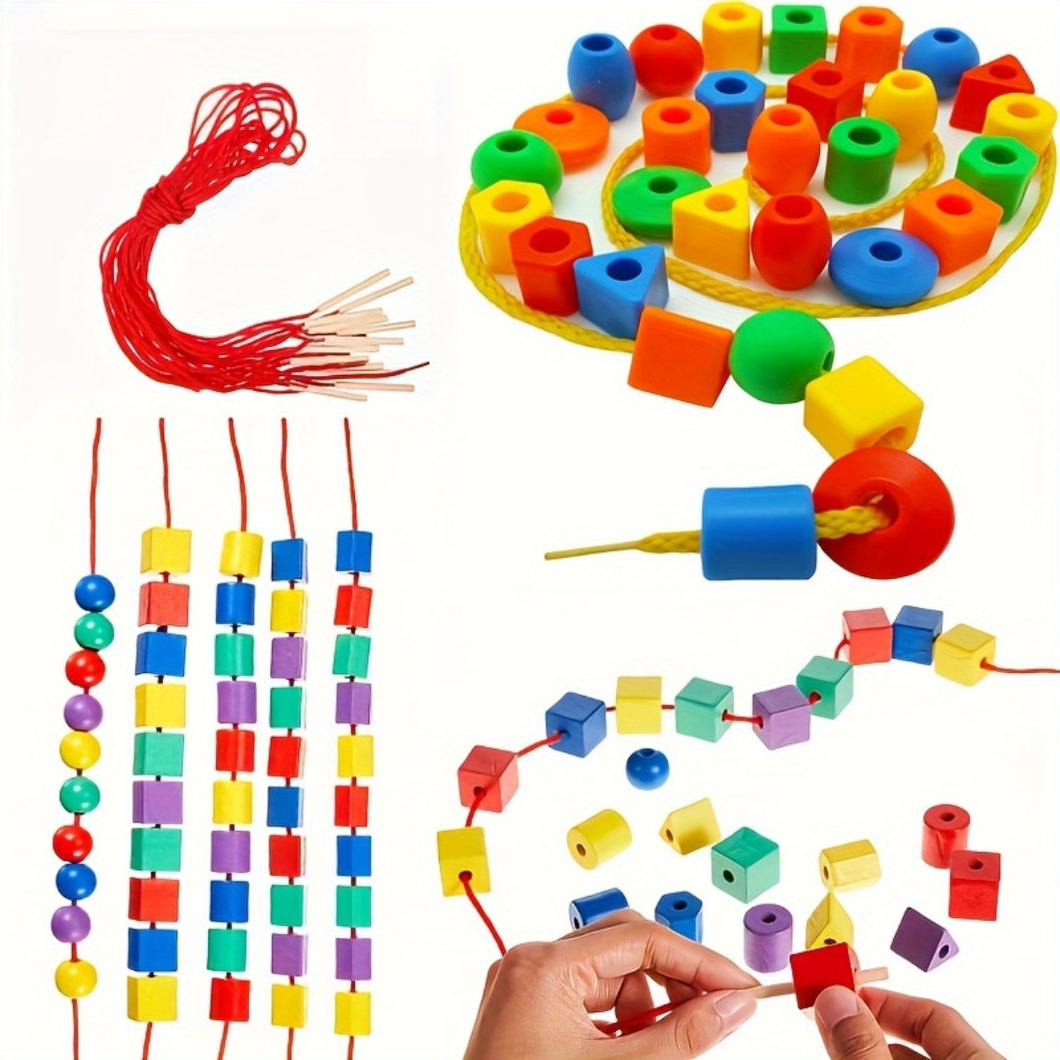 100pcs Cuentas de Plástico Coloridas para Niños – Formas y Tamaños Variados, Juguetes de Enhebrado Amigables con Cordón y Bolsa de Almacenamiento, Perfectos para el Aprendizaje Preescolar y el Tiempo de Juego, Juguetes para Niños
