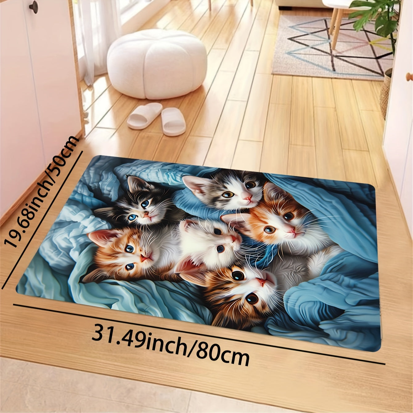 1pc Alfombra de Área con Diseño de Gatito Adorable - 8mm de Grosor, Poliéster Suave, Lavable a Máquina - Perfecta para Cocina, Sala de Estar, Dormitorio - Alfombra Decorativa para Interiores con Tonos Azules