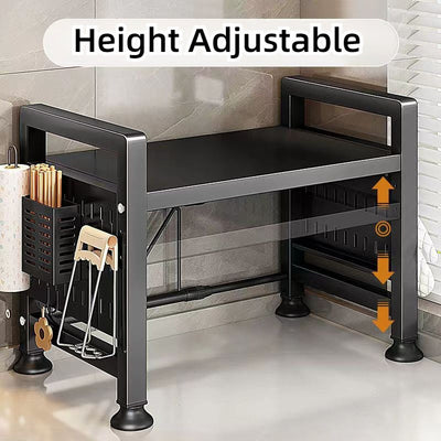 Estante de cocina expandible de 2 niveles para microondas y horno, organizador de metal negro para encimera con estantes abiertos, ideal para especias, utensilios y ollas, estante para electrodomésticos, repisa funcional, estructura de metal negro