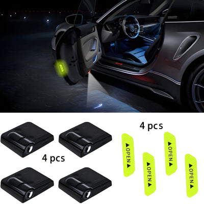 4pcs Luces de Proyección LED, Luz de Bienvenida Super Brillante Electromagnética, Fácil y Cómoda Instalación para Puertas de Coche + 4 Pegatinas Reflectantes, Fáciles de Instalar - Adecuado para la Mayoría de los Autos