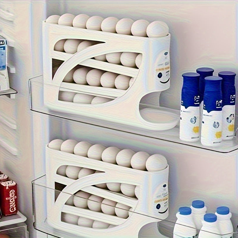 Estante de huevos giratorio de 4 capas - Diseño de puerta lateral que ahorra espacio, puede contener 30 huevos, acabado brillante y liso, asa conveniente, adecuado para almacenamiento en cocina y refrigerador | Accesorios de cocina modernos | Material pl
