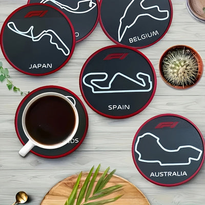 Juego de 6 Posavasos de Madera de Fórmula Uno - Decoración para el Hogar - Regalo Único - Suministros Hechos a Mano - Carpintería - Deporte de Motor - El regalo perfecto para pilotos de F1 y entusiastas del automovilismo, ideal para decoraciones en casa