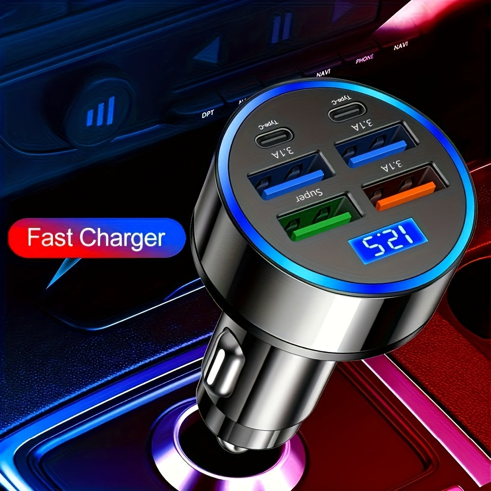 1pc, Cargador de coche, Carga rápida, 6 en 1, 4 USB + 2 PD Soporta la carga de múltiples dispositivos simultáneamente, Conector de protocolo de carga rápida genuino, Cargador de coche de 6 puertos, Carga rápida con pantalla digital, Cargador de coche per