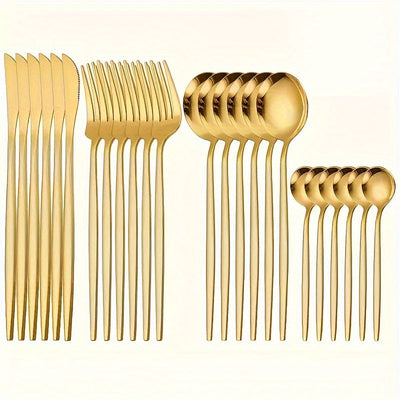 8/24 piezas, juego de vajilla dorada elegante, incluye cuchillos para bistec, tenedores para ensalada, cucharas para cena y cucharas para postre, acero inoxidable pulido al espejo, duradero y apto para lavavajillas, adecuado para uso festivo.