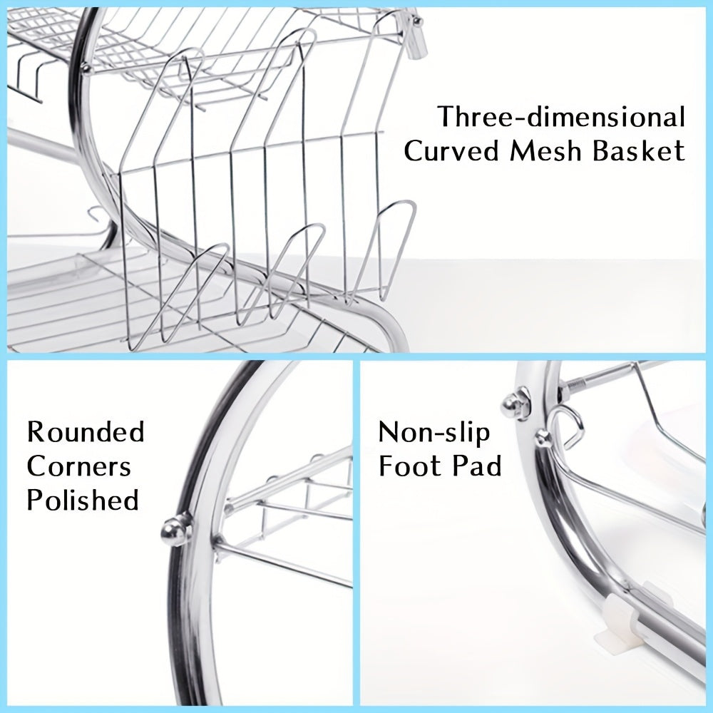 Estante de platos de acero inoxidable en forma de S de dos niveles - Organizador de cocina de encimera que ahorra espacio para platos y tazones, fácil de ensamblar, estructura de hierro duradera, solución de almacenamiento de cocina | Estante metálico el
