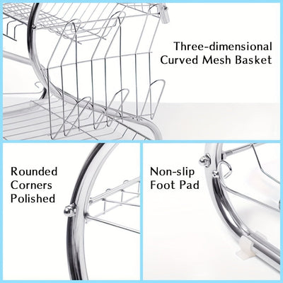 Estante de platos de acero inoxidable en forma de S de dos niveles - Organizador de cocina de encimera que ahorra espacio para platos y tazones, fácil de ensamblar, estructura de hierro duradera, solución de almacenamiento de cocina | Estante metálico el
