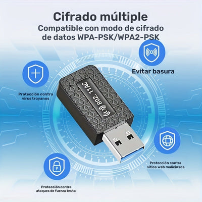 Adaptador inalámbrico USB de 1300 Mbps, adaptador de tarjeta LAN inalámbrica, adaptador de wifi para computadora portátil de escritorio, banda dual de 2.4G/5.8Ghz, compatible con protocolo inalámbrico 802.11Ax, banda dual de 1300M simultáneamente, la ban