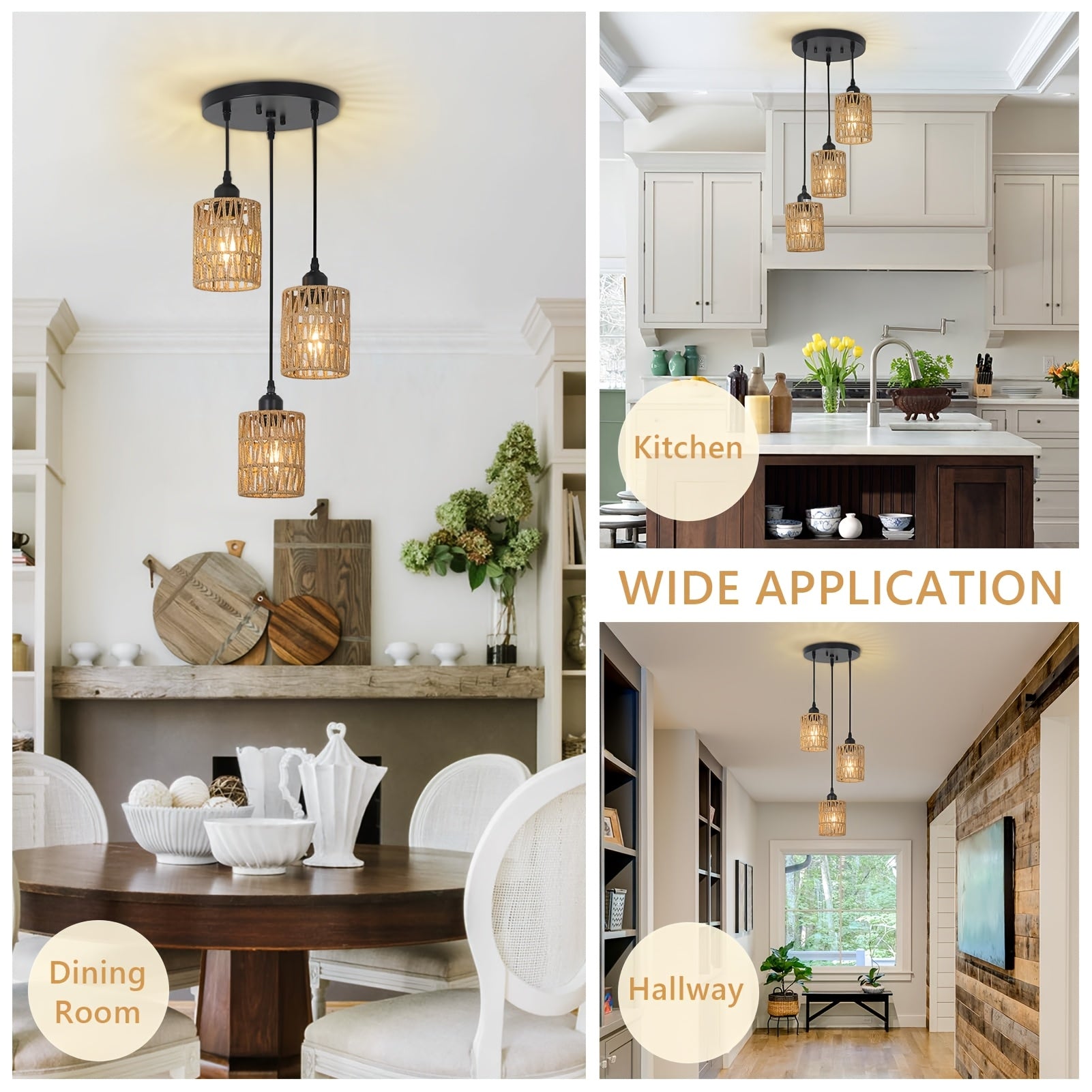 Lámpara colgante de ratán con 3 luces, lámpara de techo estilo granja para comedor, iluminación colgante boho con pantallas tejidas a mano de mimbre, ideal para cocina, sala, dormitorio, entrada o pasillo