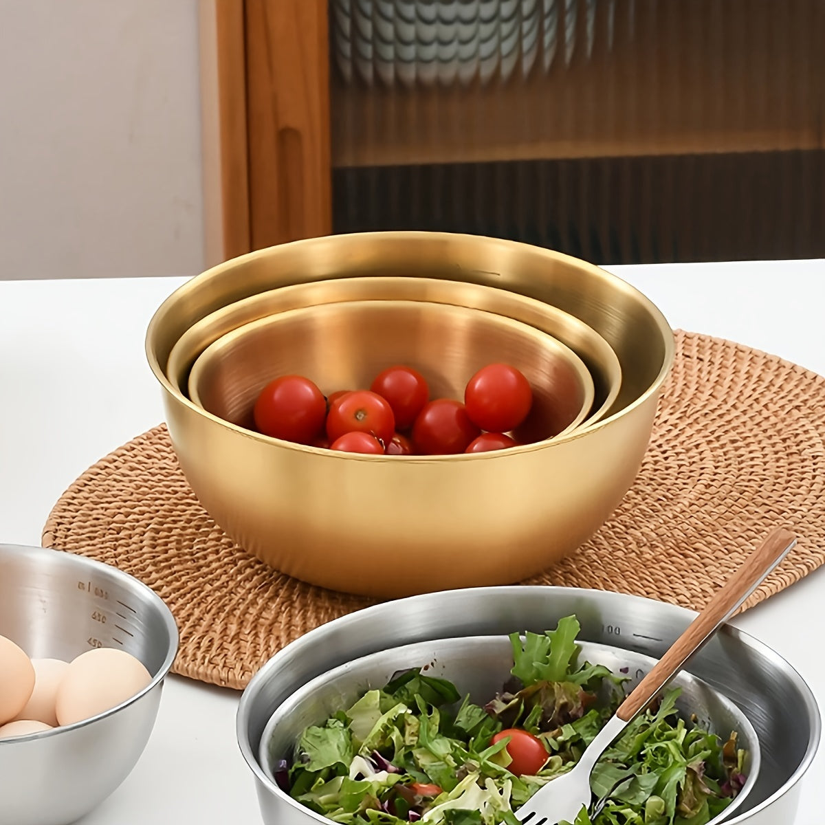 1pc Bol de Ensalada de Acero Inoxidable Duradero con Escala - Apto para Horno, Acabado Metálico Cepillado, Bol Mezclador Redondo para Uso Doméstico y Escolar