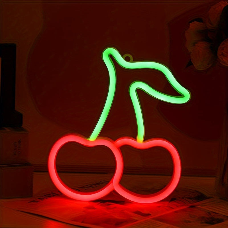 Señal de neón LED en forma de cereza, luz decorativa de neón para colgar en la pared de plástico, con control de interruptor, alimentación USB, para dormitorio, boda, fiesta de cumpleaños, sala de juegos, aniversario, decoración del hogar para el día de