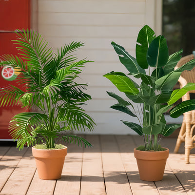 2 piezas de palmera artificial grande con hojas verdes realistas y de alta calidad, juego de árboles de plátano - Vegetación tropical para uso en interiores/exteriores | Ideal para hogar, sala de estar, jardín, patio, alberca, fiestas y celebraciones (Na