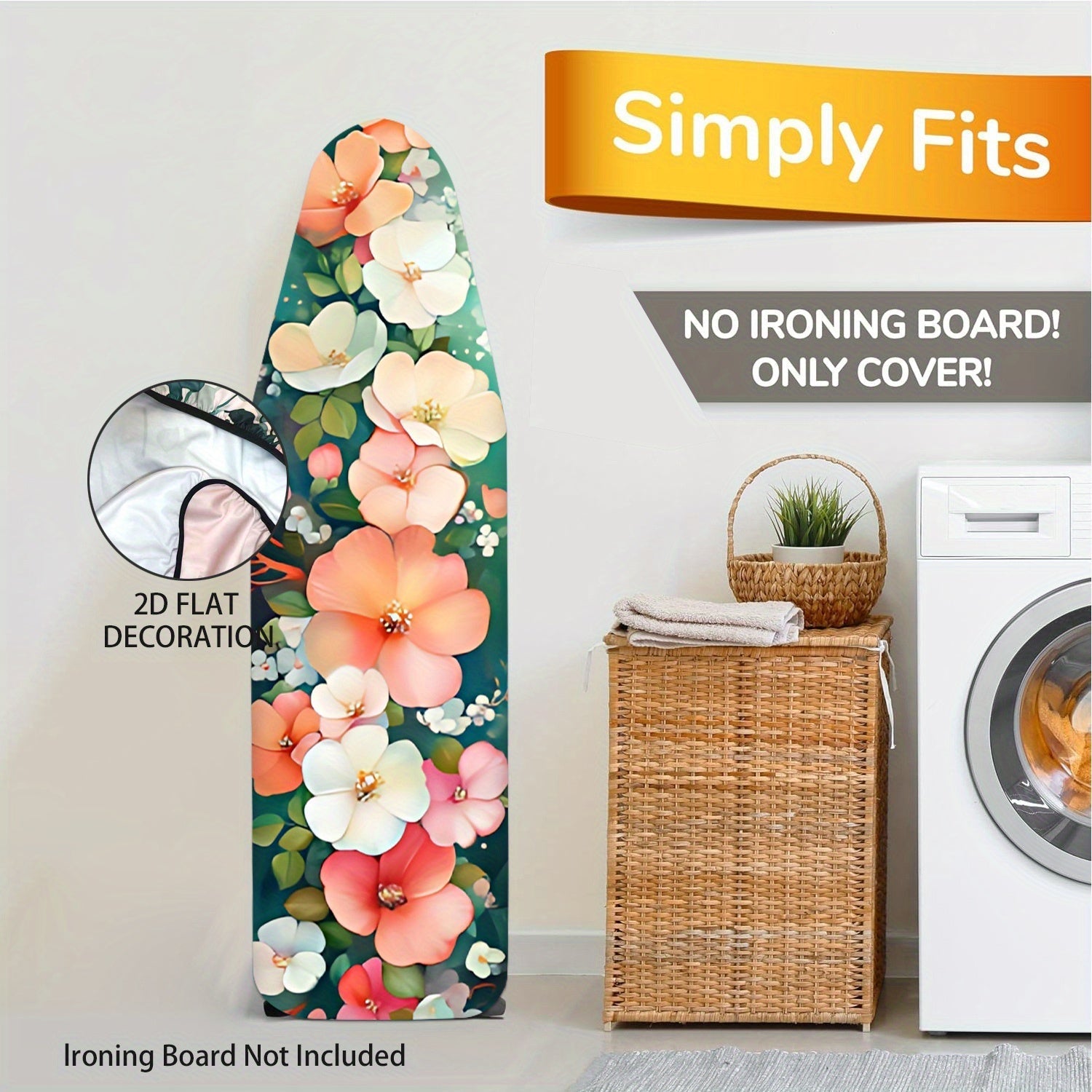 Decoración para Lavandería Floral - Funda de Planchado Lavable en Rosa/Blanco/Azul Verdoso, Compatible con la Mayoría de Tablas de Planchar Estándar, Sin Necesidad de Tableta, Decoración Ahorradora de Espacio, Accesorio Alegre y Duradero, Diseño Noboard,