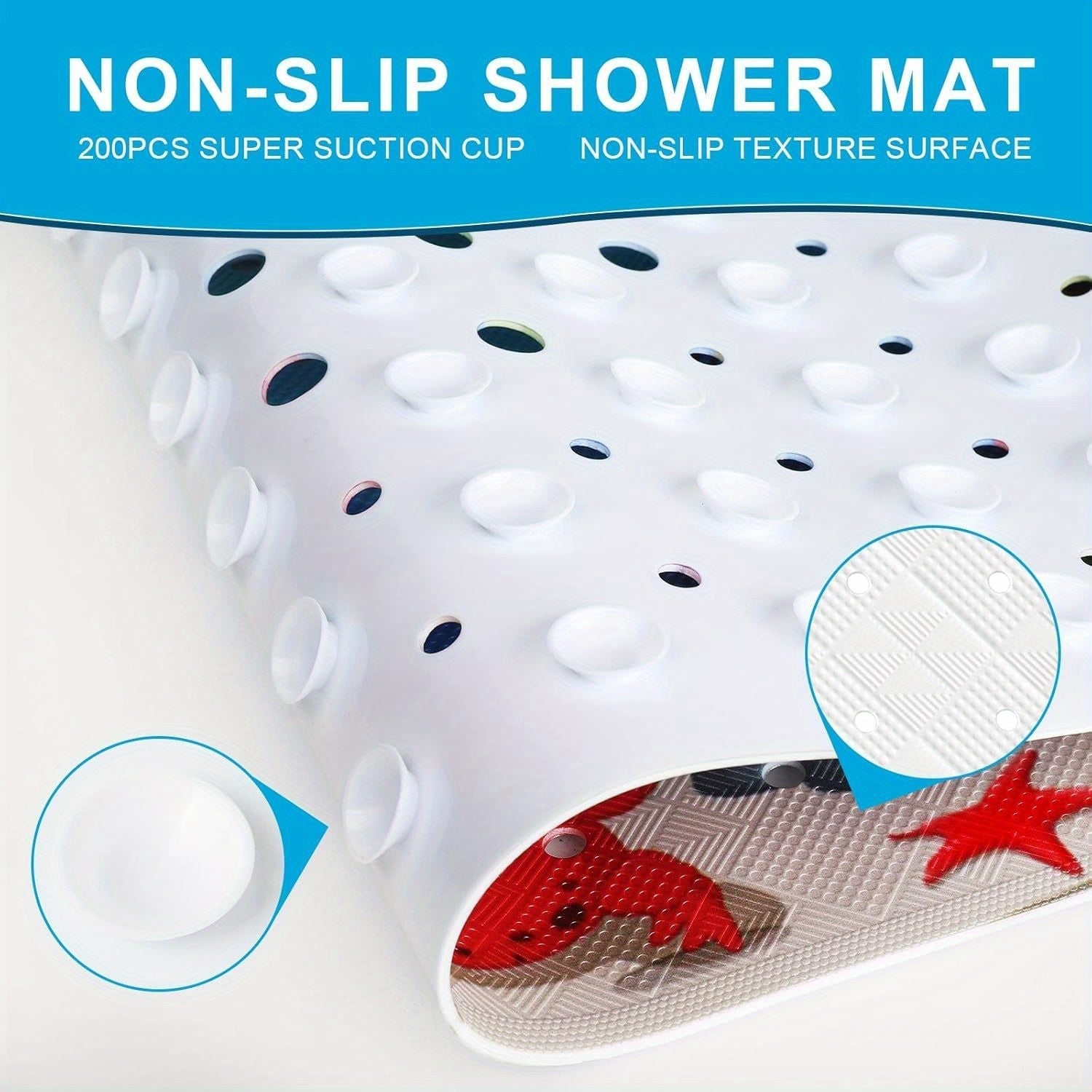 Alfombra de Baño para Tubería, 101.6 x 40.64 cm Extra Larga Antideslizante con Patrón de Tortuga Marina, Alfombrilla para Ducha y Bañera con Ventosas y Agujeros de Drenaje, Lavable a Máquina