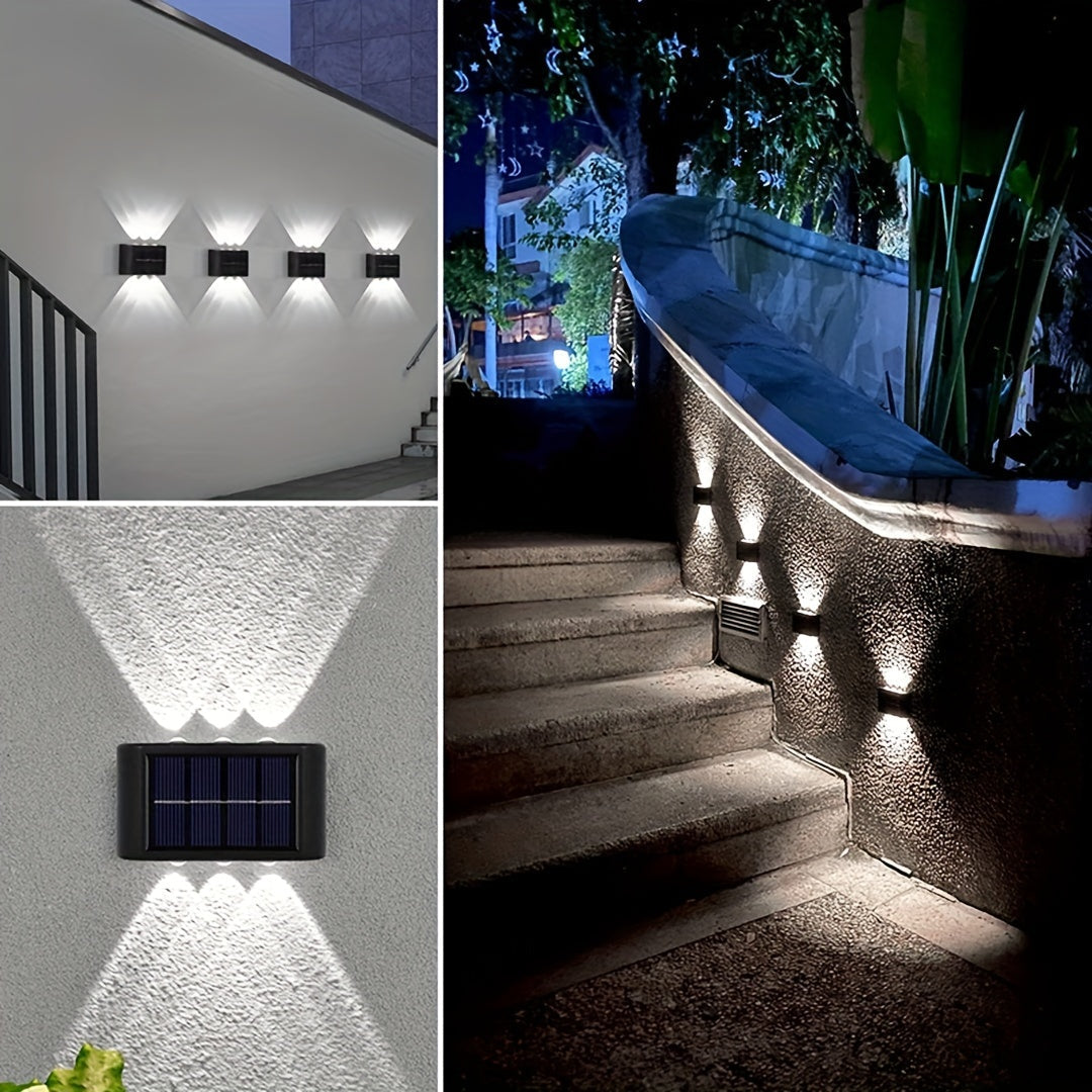 Juego de 3 luces solares para pared con 6 LED, luces exteriores para uso doméstico, pequeñas luces externas clase IP44, decoración de iluminación estilo nórdico para jardín y porche del hogar (blanco/blanco cálido)