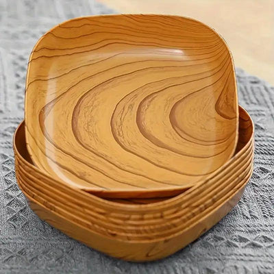10 piezas de platos de aperitivo de imitación de madera de polipropileno (PP), platos ligeros y duraderos para postres, tazón de frutas de melón y dulces para acampar al aire libre, esenciales para pícnic.