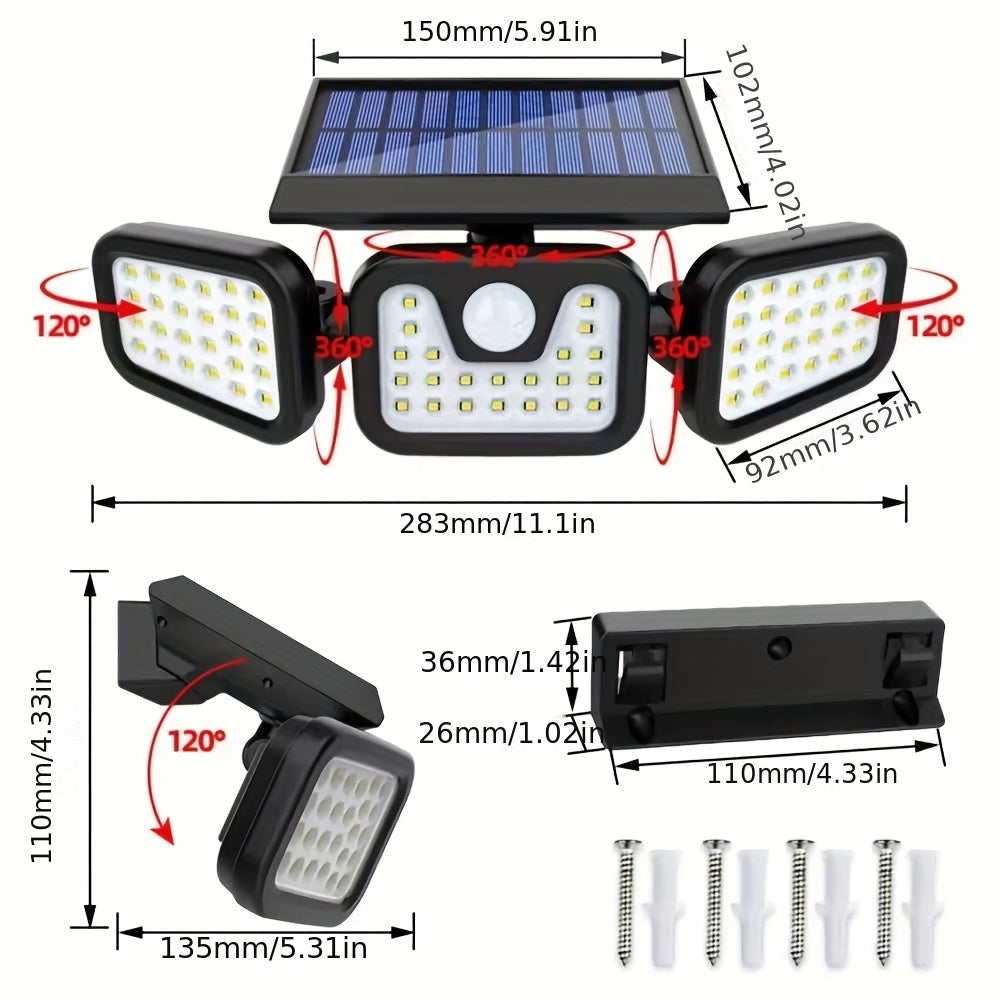 Lámpara de pared solar de 74 LED con tres brazos, iluminación ajustable de múltiples ángulos para patios al aire libre, iluminación activada por humanos y caminos - Impermeable IP65, batería de litio, instalación fácil, iluminación al aire libre | Lámpar