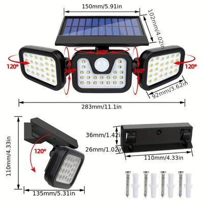Lámpara de pared solar de 74 LED con tres brazos, iluminación ajustable de múltiples ángulos para patios al aire libre, iluminación activada por humanos y caminos - Impermeable IP65, batería de litio, instalación fácil, iluminación al aire libre | Lámpar