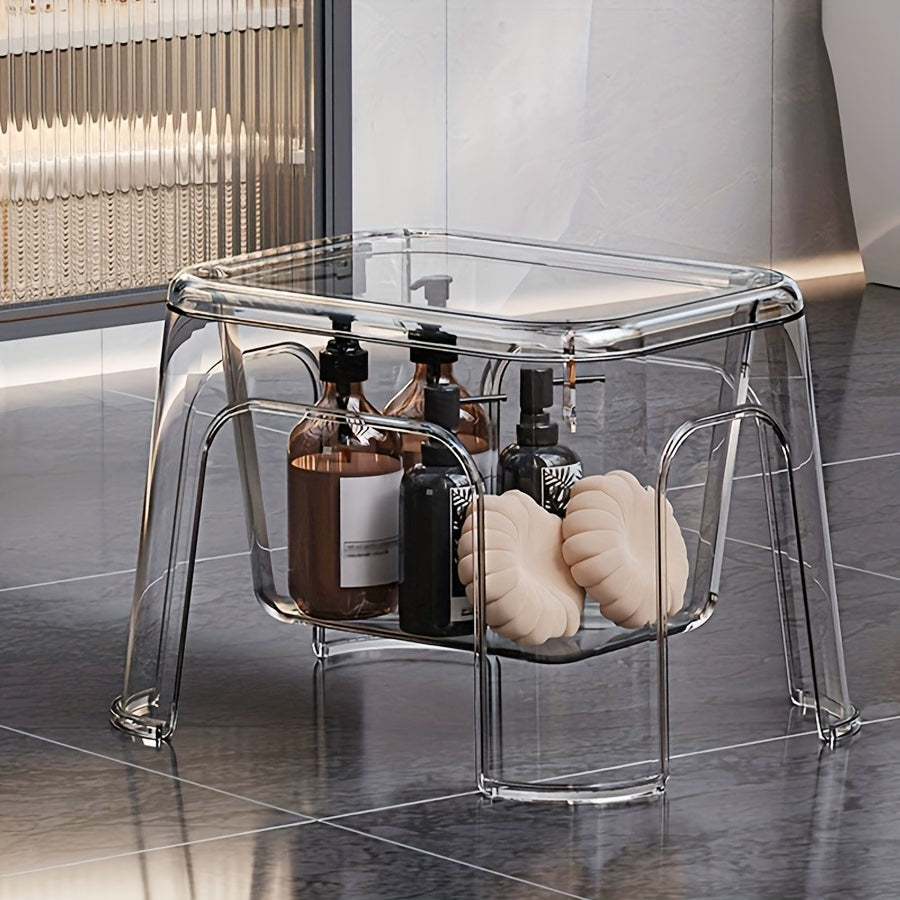 1pc Taburete de plástico transparente para baño con almacenamiento - Asiento de ducha multifuncional con estante, accesorio de decoración para el hogar, cesta organizadora de juguetes