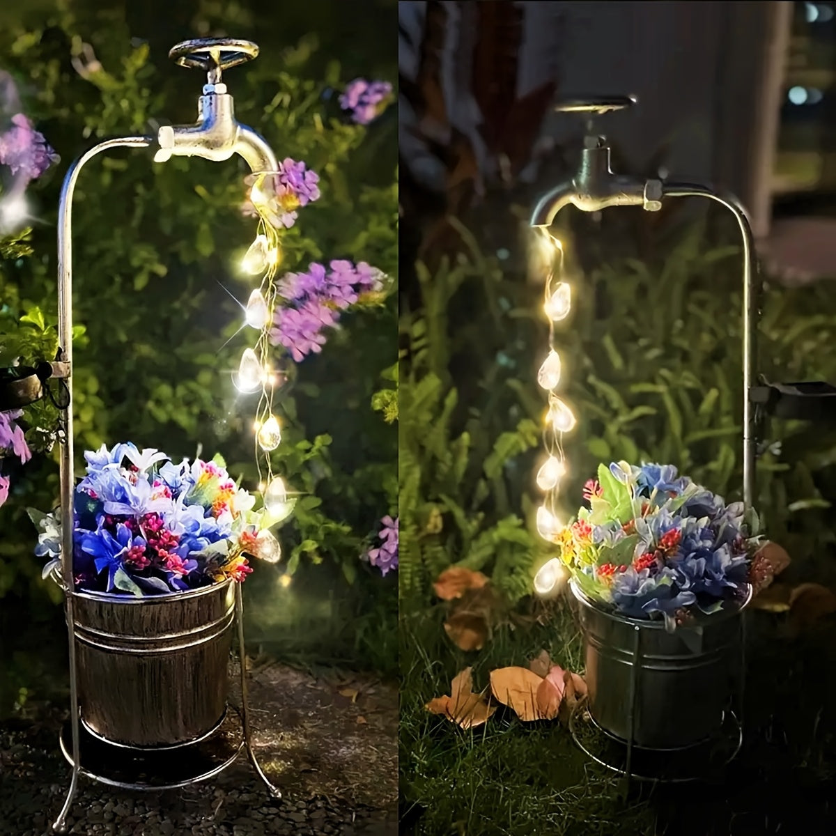 1 unidad, luces solares, decoración para jardín exterior, luces de paisaje con grifo de agua solar, luces de cascada solar, luces de hadas de metal para exterior con maceta, decoración para celebraciones, decoración exterior, decoración de jardín (flor n