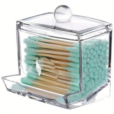 1pc Soporte de bastoncillos de algodón de gran capacidad, contenedor de almacenamiento de plástico transparente con dispensador de fácil acceso, sin perfume, organizador que ahorra espacio para encimeras de baño, suministros para el hogar y la cocina