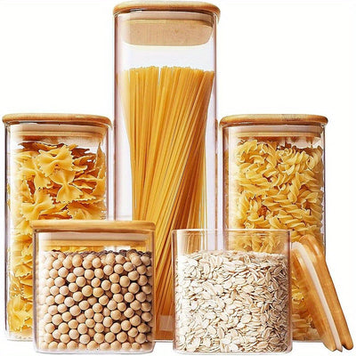 Tarros de Vidrio para Almacenamiento de Comida, Set de 7 Contenedores con Tapas Herméticas de Madera y Bambú para Pasta, Galletas, Frutos Secos, Granos de Café, Cereales, Tarros de Vidrio para Cocina, Organización del Despensa, Libre de BPA