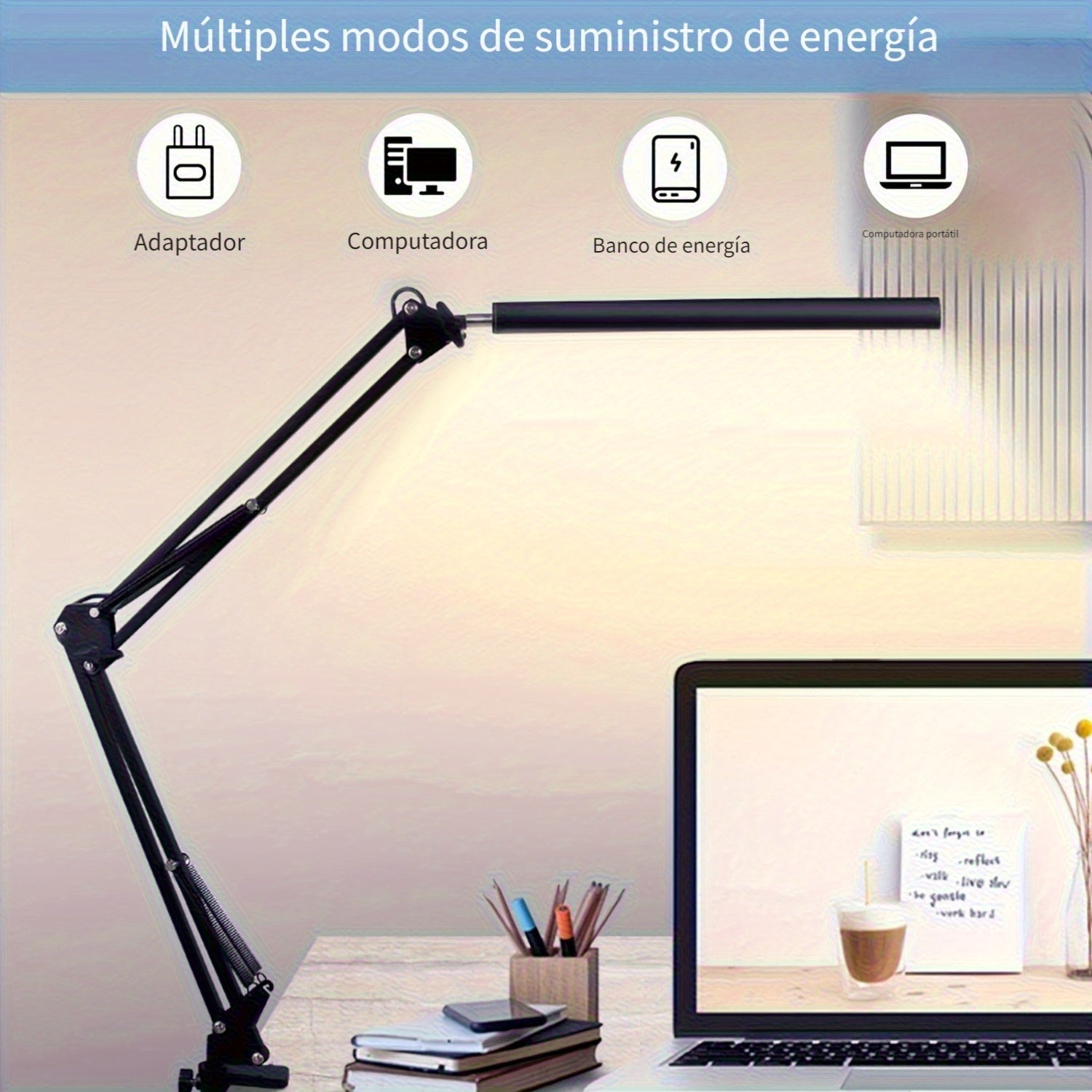 Lámpara de trabajo moderna LED POPSKEETER, luz de escritorio ajustable de metal con brazo telescópico, 3 temperaturas de color, 5 niveles de brillo, diseño de carga USB patentado, para lectura en la oficina y entornos de trabajo complejos, sin brillo, il