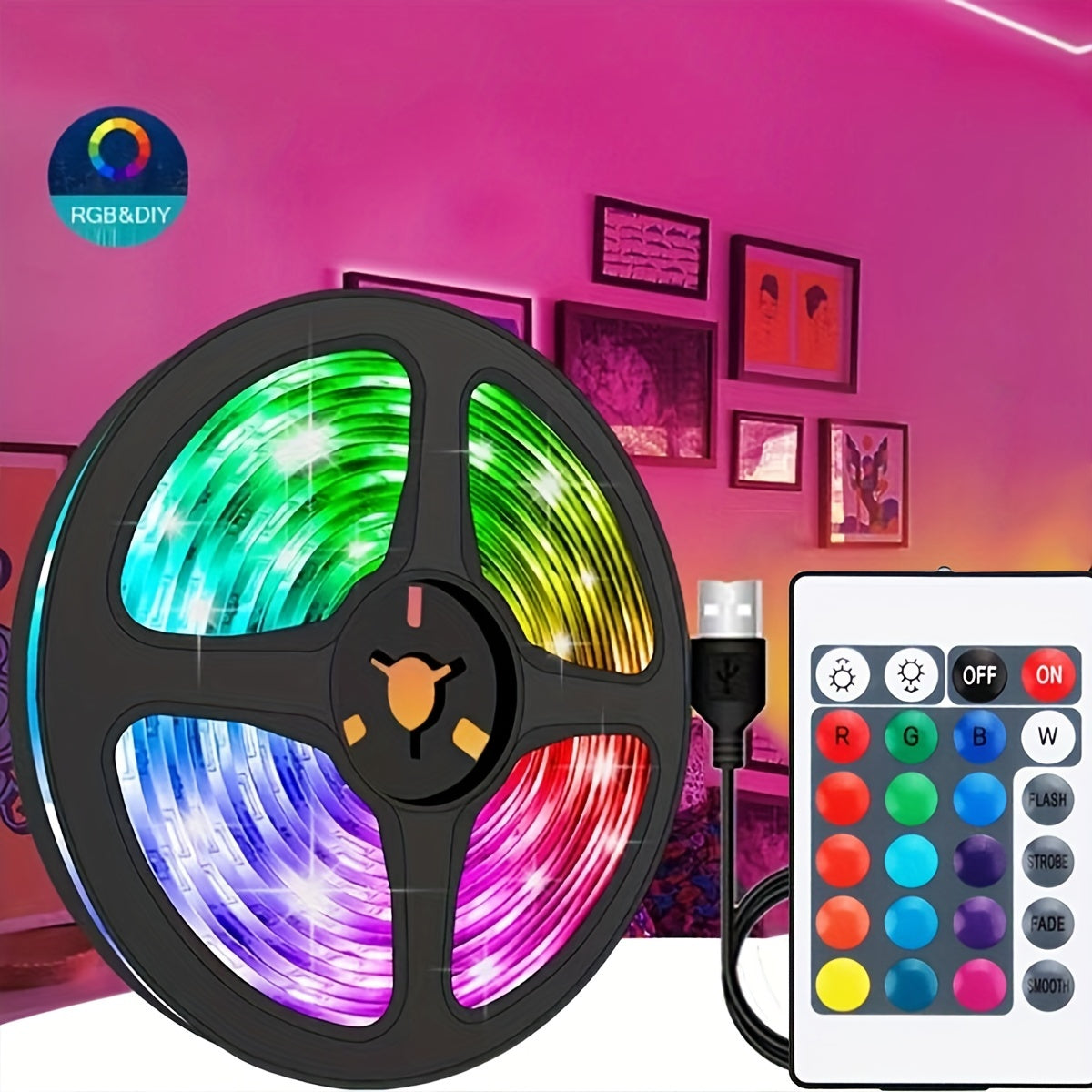 Luces LED de tira alimentadas por USB, cinta flexible de cambio de color RGB 2835 con control remoto, operación de botón pulsador para decoración de interiores, fondo, cocina, ambiente de fiesta, decoración navideña sin batería