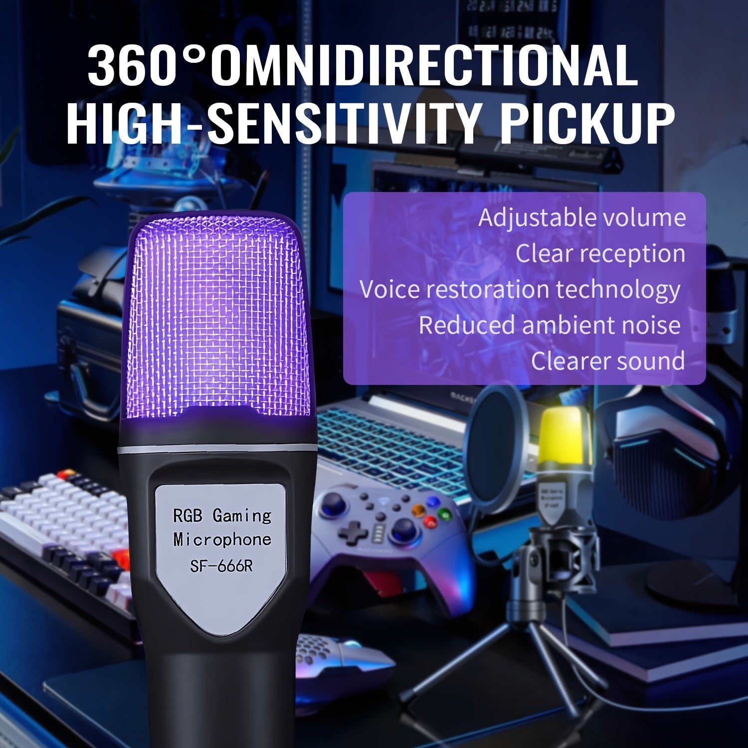 Micrófono condensador RIKSOIN USB, iluminación RGB, soporte de trípode ajustable de 3 etapas, negro, con conector USB Type-A, para juegos, canto, karaoke, videoconferencia, transmisión, portátil y escritorio