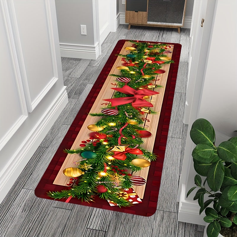 Alfombra de pista de moda navideña de 1 pieza, con un grosor de 1,1 cm + adhesivo antideslizante + más de 500 gramos por metro cuadrado, diseño de árbol festivo con pelotas navideñas y arco, alfombra de corredor, decoración navideña de granja rural, alfo