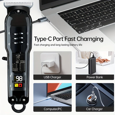 Cortadora de cabello eléctrica profesional con pantalla digital - Carga USB, 4 hojas intercambiables, mango ergonómico, herramienta de corte y estilizado de precisión para hombres, diseño azul elegante, regalo ideal, tijeras ergonómicas