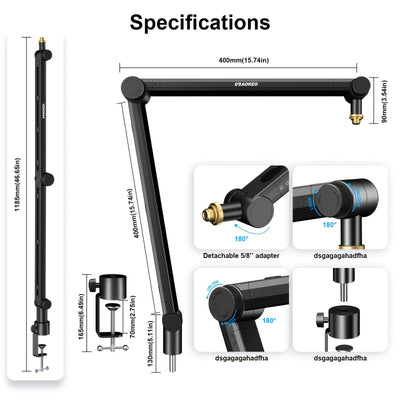 Ajustable Microfono Scissor Arm con Canal de Cable - Boom de Suspensión Compacto para Blue Yeti, Snowball iCE, HyperX QuadCast, SoloCast, Elgato Wave - Aleación Duradera, Conexión XLR, Equipo de Grabación de Estudio | Acabado Negro Liso | Ajustable Boom