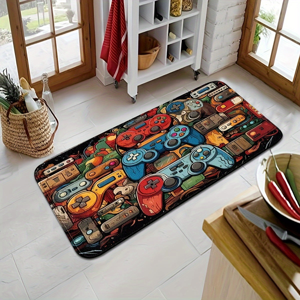 1 pieza de diseño de controlador de juegos FUSFEEL, alfombrilla de cocina antideslizante - Poliéster suave y duradero, varios tamaños para dormitorio, lavandería y sala de juegos - Estilo negro con gráficos de controlador de juegos coloridos, alfombrilla