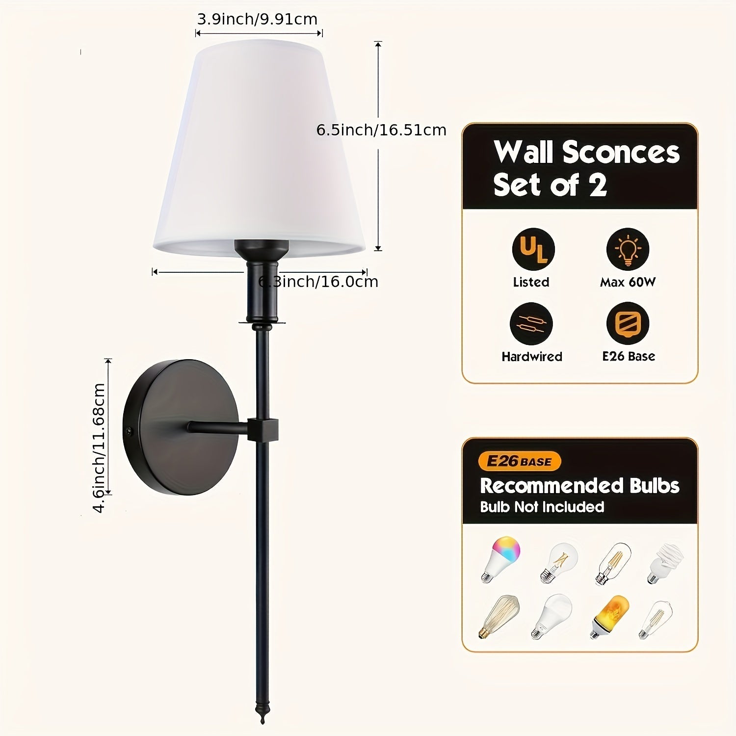 2 unidades de lámparas de pared vintage industriales, base de bombilla E26/E27, lámparas de pared para espejo de tocador, iluminación comercial retro para salón interior, restaurante, fuente de luz LED, cableado, 85V-265V, 25-40W, decoración del hogar