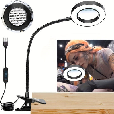 Lámpara de escritorio con lupa para estudio de tatuajes LYYKLLY, luz LED con cambio de color y brillo ajustable, protección para los ojos con abrazadera para leer, oficina, trabajo cercano, lámpara de escritorio de metal alimentada por USB para artista d