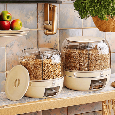 1 Unidad Contenedor Giratorio Hermético con Ventana Transparente y Asa Ergonómica para Almacenar Granos – Organizador de Cocina Ahorrador de Espacio para Arroz, Frijoles, Harina – Plástico Duradero, Solo Lavado a Mano