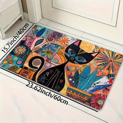 Alfombra de Entrada Decorativa de Arte Abstracto de Gato Lavable a Máquina - Revestimiento de PVC Antideslizante, Poliéster, Alfombra Rectangular para Baño, Cocina, Sala de Estar, Dormitorio